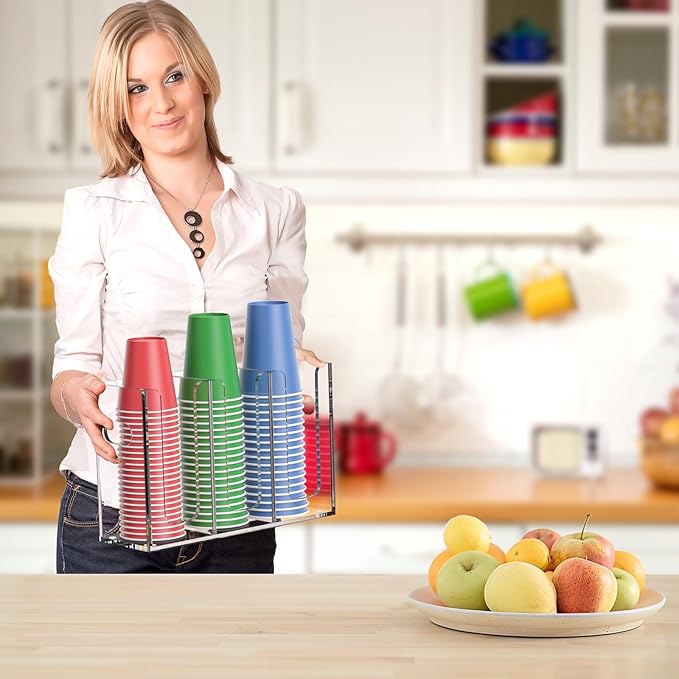 WINFFOR Disposable Cup Organizer Dispenser - 3 Compartments Clear Acrylic Cup and Lid Holder with Handles Plastic Cup Dispenser Countertop Paper Cup Holder for Coffee Bar House Party Essentials