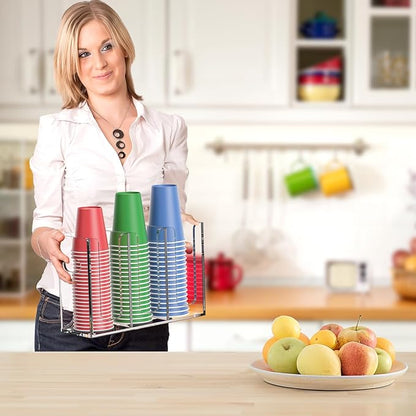 WINFFOR Disposable Cup Organizer Dispenser - 3 Compartments Clear Acrylic Cup and Lid Holder with Handles Plastic Cup Dispenser Countertop Paper Cup Holder for Coffee Bar House Party Essentials