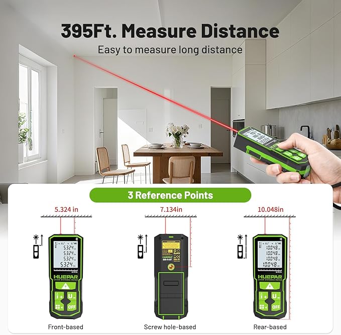 Huepar Laser Distance Measure 395Ft. Digital Rechargeable Laser Measuring Tool with Bluetooth -Phone APP, Angle Sensor, 1/16in Accuracy, M/in/Ft Unit, Pythagorean Mode, Measure Distance, Area, Volume