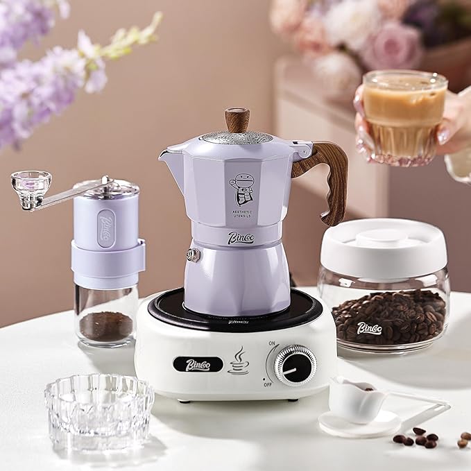 Bincoo Espresso Maker Stovetop - 2 Cup/120ML Small Stove Top Espresso Italian Coffee Maker, Camping Moka Pot- Portable, Ideal for Home and Camping (Purple)