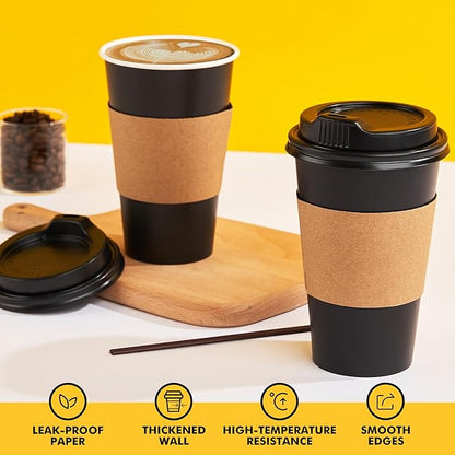 RACETOP 50 Pack 16 oz Coffee Cups with Lids, Black Disposable Coffee Cups with Lids, Sleeves and Stirring Sticks, Hot Paper Coffee Cup 16 oz for Hot Drinks, Parties, Picnic, Travel, and Events