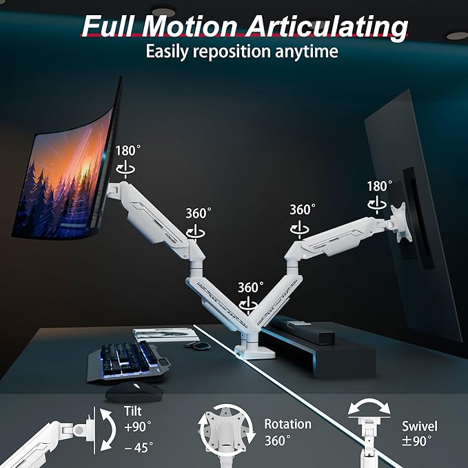 Monitor Arm, Gas Spring Monitor Stand for 17-35 Inch Screens up to 24.3 lbs, Adjustable Mount with C-Clamp & Grommet Base, Ergonomic Computer Mount (Dual Arm White)