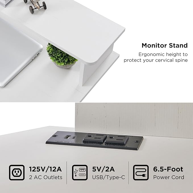 T4TREAM 60" Electric Standing Desk - L Shaped Desk with Monitor Stand, Charging Station & Remote Light, Home Office & Gaming Corner Computer Desk, Antique White