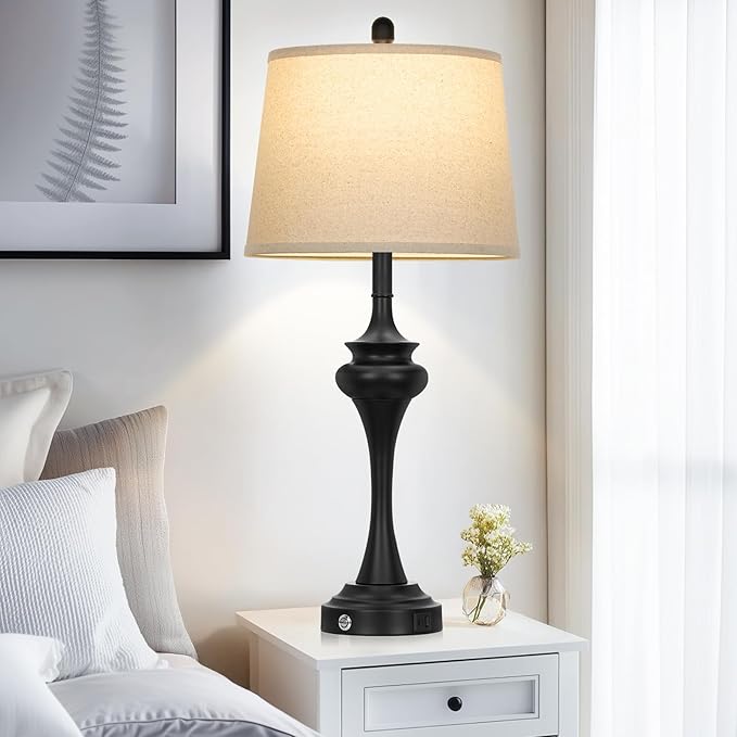 30" Black Tall Table Lamps for Living Room, Touch Control Bedside Lamp with USB A+C Ports, 3-Way Modern Bedroom Table Lamps Set of 2, Elegant Metal Lamp for Nightstand Desk Side Table Office