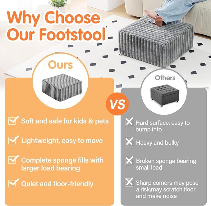 Tiita Suqre Stuffed Pouf Ottoman, Stripe Poufs 21×21×10 inch with Foam Chunk Filling, Floor Bean Bag Floor Chair Storage for Living Room Bedroom Home Decor, Grey