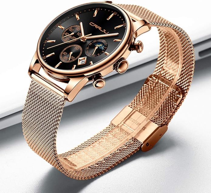 CRRJU Men's Fashion Casual Watches Auto Date Chronograph Watch Men Nice Work Watches Waterproof 30M Full Steel Quartz with Mesh Strap