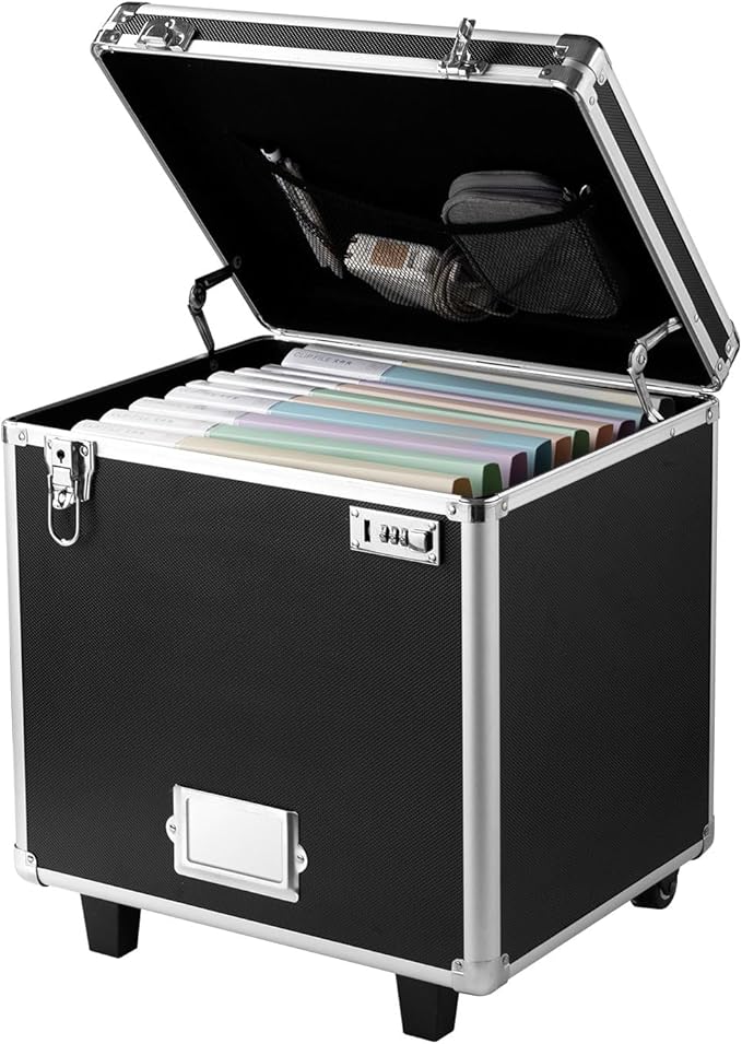 VEVOR Portable File Storage Box, 15.6 x 12.6 x 15 inch Internal Chest Size, Locking Mobile Business Case with Telescopic Handle, Hand pull File Case for Office Home, Offices, Hospitals, Banks