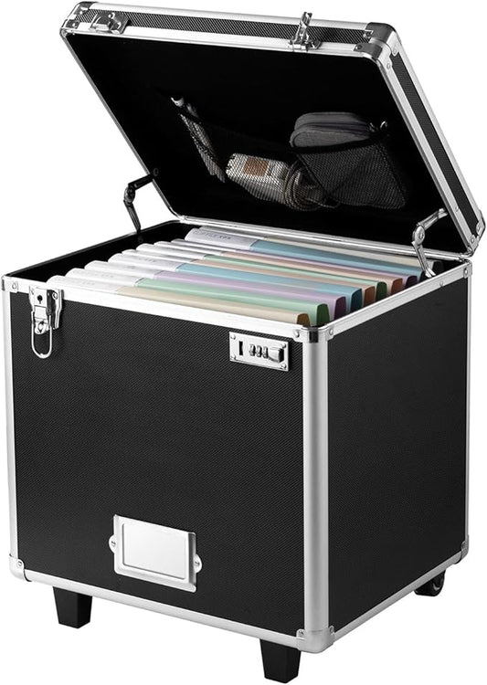 VEVOR Portable File Storage Box, 15.6 x 12.6 x 15 inch Internal Chest Size, Locking Mobile Business Case with Telescopic Handle, Hand pull File Case for Office Home, Offices, Hospitals, Banks