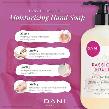 DANI Naturals Moisturizing Hand Soap - Passion Fruit Scent, Hydrating, Sulfate-Free & Paraben-Free, 12 Oz Bottle with Pump, Gentle Cleansing for Dry Skin