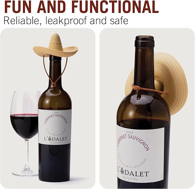 Elcorko Silicone Wine Stopper with Sombrero Design, Keeps Wine Fresh - Pack of 3