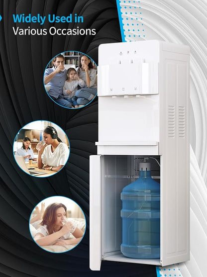TABU Bottom Loading Water Cooler Dispenser with 3 Temperature Settings of Hot, Cold, Room Water, 3 or 5 Gallon Water Dispenser with Anti-Scalding & Child Safety Lock, White