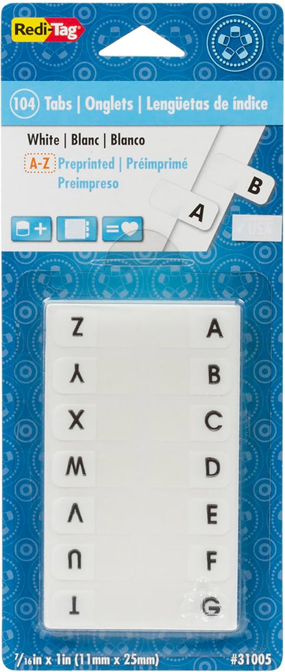 Redi-Tag Alphabetical Tabs, A - Z Pre-Printed Divider Tabs, Permanent Adhesive Index Labels,Divider Labels for School, Home and Office, 7/16" x 1", White, 104 Tabs Per Pack, (B31005)
