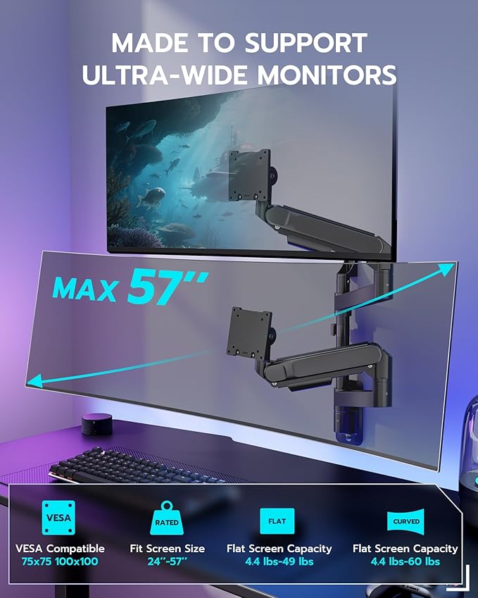 ARES WING Dual Monitor Wall Mount for 24-57 Inch Ultrawide Screens, Premium Heavy Duty Monitor Arm Holds 60 lbs, Full Motion Gas Spring, Bearing Head for Easy Adjustment, 75/100 VESA Mount, Black
