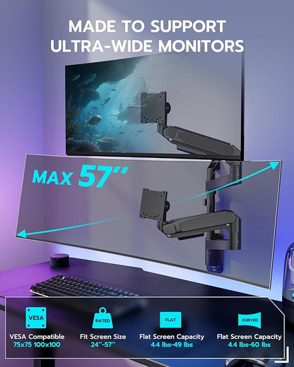 ARES WING Dual Monitor Wall Mount for 24-57 Inch Ultrawide Screens, Premium Heavy Duty Monitor Arm Holds 60 lbs, Full Motion Gas Spring, Bearing Head for Easy Adjustment, 75/100 VESA Mount, Black