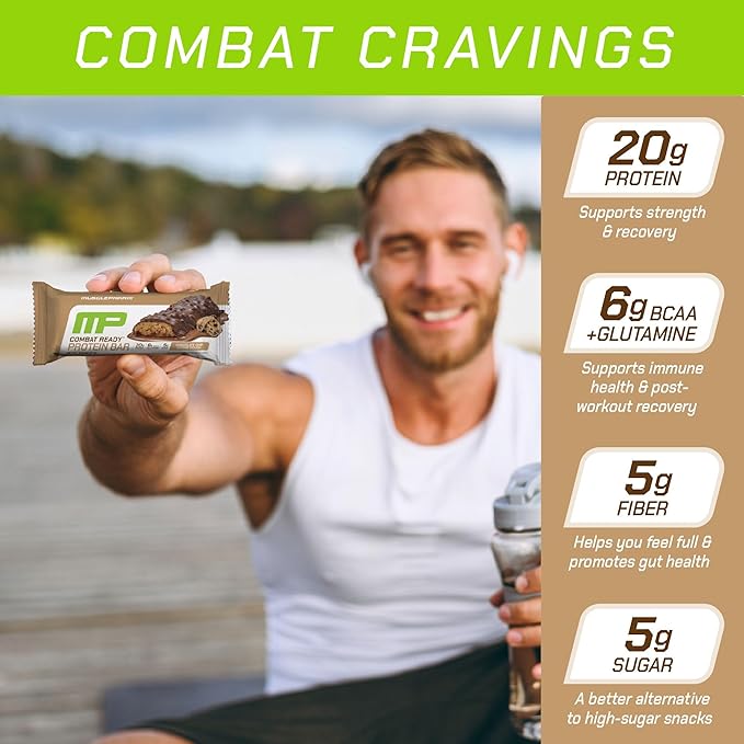 Muscle Pharm Combat Ready Chocolate Chip Cookie Dough Protein Bar,High Protein Bars,Combat Cravings,Fuel Performance & Meet Energy Demands,20g Protein from Whey Protein,5g Fiber,Gluten Free,4 Bars