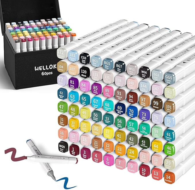Alcohol Markers, 60 Dual Tip Permanent Art Markers for Coloring, Illustrations, and Sketching, Includes Case for Easy Storage, Alcohol, Based Ink Ideal for Book Painting and Card Making