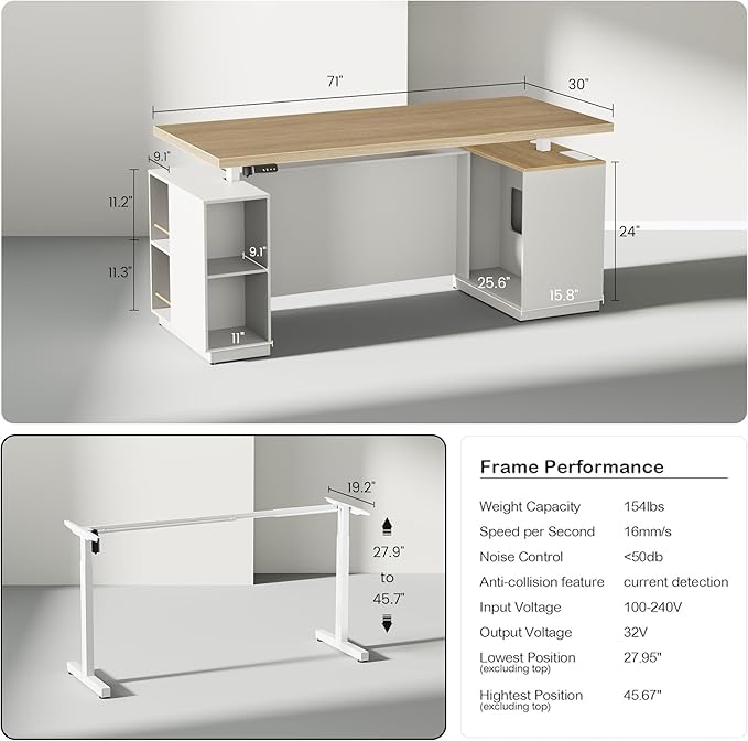 71" Standing Executive Desk with Privacy Panel, Large One-Piece Electric Height Adjustable Stand Up Desk with Charging Station, File Cabinet Storage, Home and Office, Light Walnut