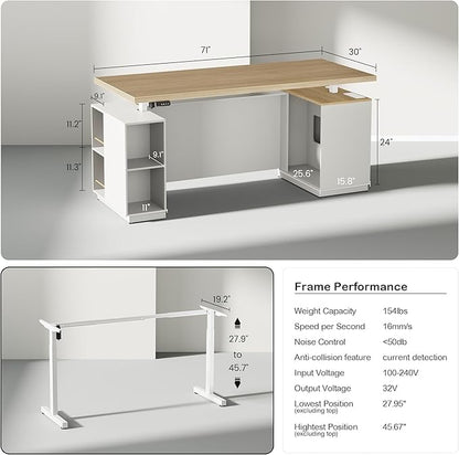 71" Standing Executive Desk with Privacy Panel, Large One-Piece Electric Height Adjustable Stand Up Desk with Charging Station, File Cabinet Storage, Home and Office, Light Walnut