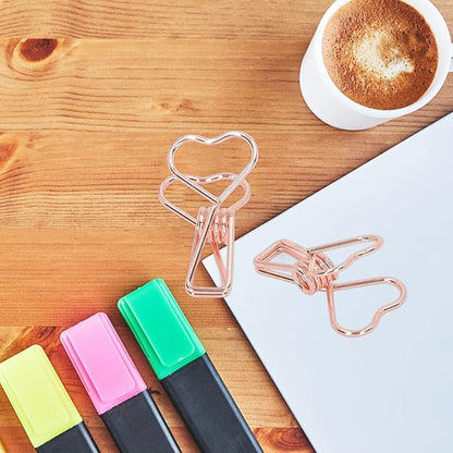 Clips in Assorted Sizes, Medium Metal Paper Clips, 100 Pcs Rose Gold - Strong Clamping Force, Hollow Heart Shape, Cute Office Document Accessories (Pink Gold)