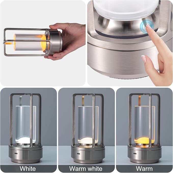 Rechargeable Cordless LED Table Lamp - Waterproof Portable Touch Dimmable Desk Light for Outdoor, Camping, Patio, Bedroom, Living Room - Night Light with Long Battery Life (Silver)