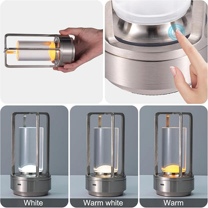 Rechargeable Cordless LED Table Lamp - Waterproof Portable Touch Dimmable Desk Light for Outdoor, Camping, Patio, Bedroom, Living Room - Night Light with Long Battery Life (Silver)