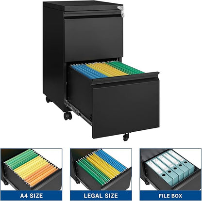 2 Drawer Vertical File Cabinet - Mobile Filling Cabinet with Lock for Legal/Letter Files - Office Storage File Cabinet with Wheels Under Desk - Assembly Required