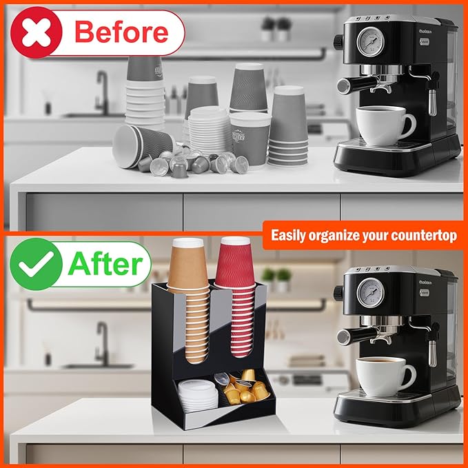 MYITYARD Coffee Station Organizer for Countertop, 2-Tier Coffee Bar Accessories, Acrylic Condiment and Cup Storage Organizer, 4 Compartments, Cup and Lid Holder for Pods, Syrup, Stirrer