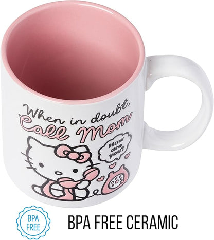 Silver Buffalo Sanrio Hello Kitty “When in Doubt, Call Mom” Wax Resist Ceramic Mug, 20 Ounces