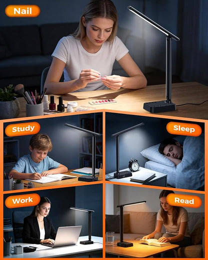 LED Desk Lamp for Office Home, Power Strip with 3 Outlets 4 USB Charging Ports(2 USBC), 4 Modes 5 Level Brightness Desk Light, Small Desk Lamp for College Dorm Room Essentials