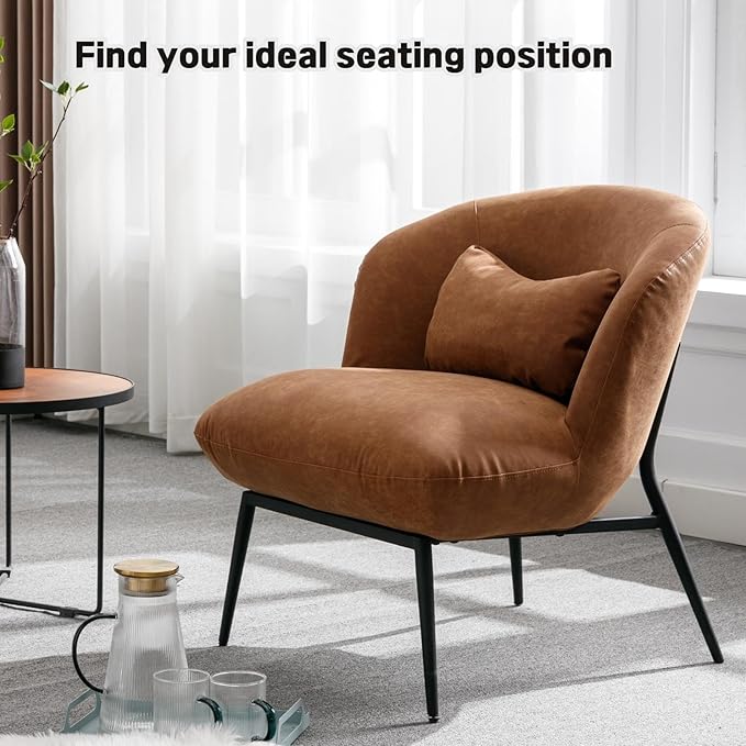 DUOMAY Modern Accent Chairs Set of 2, PU Upholstered Leisure Chair Single Sofa Chair Lounge Chair with Lumbar Pillow Metal Legs Slipper Chair for Living Room Bedroom Office, Brown