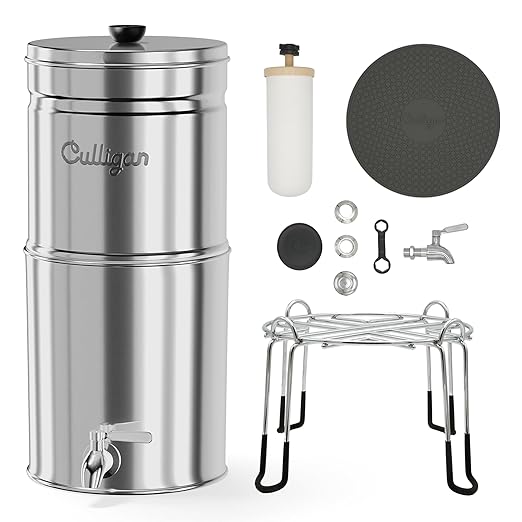 Culligan with MaxClear Technology 2.25 Gallon Gravity Water Filter System, Polished Countertop Ceramic Water Filter NSF/ANSI Certified to Reduce Lead, Microplastics & Total PFAS, with 1 Filter