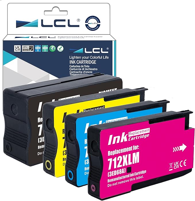 LCL 712 712XL Ink Cartridges High Yield Replacement for HP 712 712XL 712 XL for DesignJet T650 T630 T250 T230 T210 Studio Plotter Printer (4 Pack, 80-ML Black, 29-ML Cyan/Magenta/Yellow)