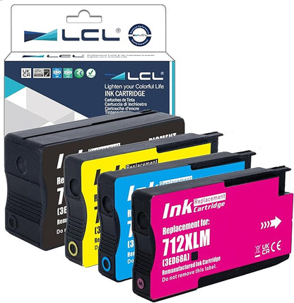 LCL 712 712XL Ink Cartridges High Yield Replacement for HP 712 712XL 712 XL for DesignJet T650 T630 T250 T230 T210 Studio Plotter Printer (4 Pack, 80-ML Black, 29-ML Cyan/Magenta/Yellow)