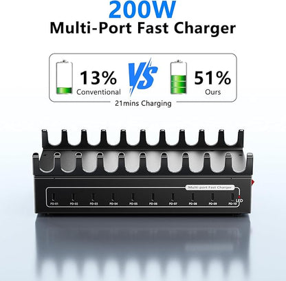 200W Charging Station for Multiple Devices, 10 Ports USB C Fast Charger Station, Desktop Multi-Port Fast Charger with Storage Dividers, Compatible with Cellphone, Kindle, Tablet, iPhone, iPad and More