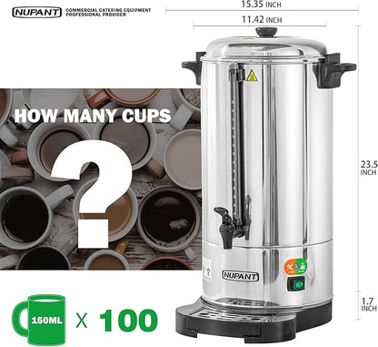 Commercial Coffee Urn 100 Cup/15L Coffee Dispenser with Upgraded Percolator, Double Wall 304 Stainless Steel Hot Water Urn Beverage Dispenser with Keep Warm Mode Large Coffee Maker for Catering Party