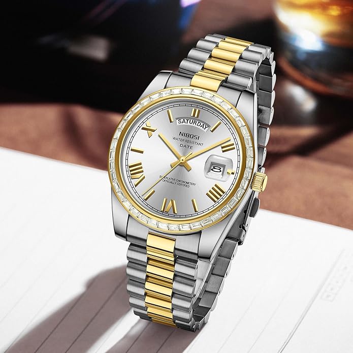 NIBOSI Men's Watches Analog Quartz Diamond Bezel Stainless Steel Dial Rose Gold Silver Watches for Men Waterproof Business Classic Dress Wrist Watch with Day Date