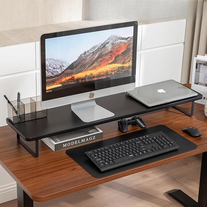 Dual Monitor Stand Riser,41.3'' Solid Bamboo&Steel Computer Monitor Riser, large monitor stand Suitable for 2 Monitors, Tvs, and Printers- (Black)