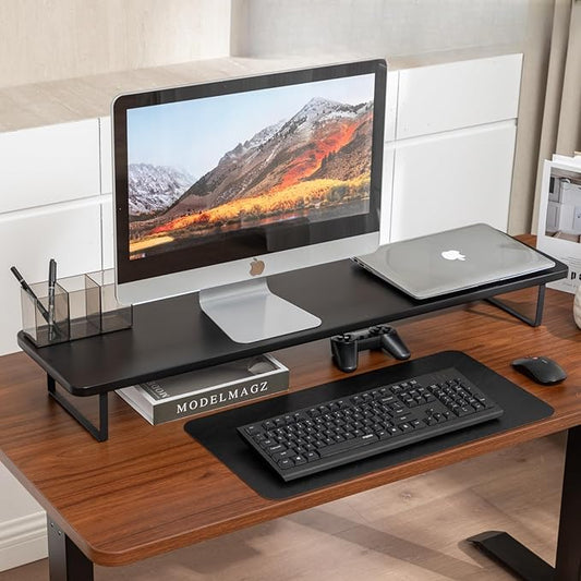 Dual Monitor Stand Riser,41.3'' Solid Bamboo&Steel Computer Monitor Riser, large monitor stand Suitable for 2 Monitors, Tvs, and Printers- (Black)