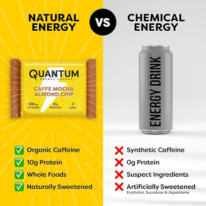Quantum Energy Square: Energy Bar with Caffeine & 10g Protein. Delicious Healthy Snack On The Go. (Vegan, Gluten-free, Soy-free, Dairy-free) (Caffe Mocha Almond Chip)