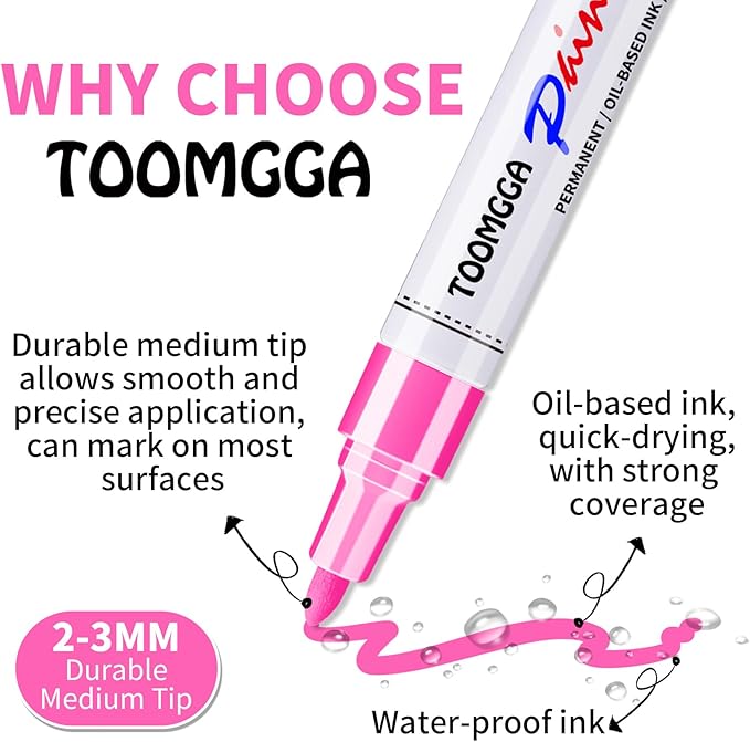 Pink Permanent Paint Pens - 6 Pack Oil Based Paint Markers, Pens For Rock Painting Car Tyre Metal, Plastic, Canvas, Mugs, Wood, Glass, Quick Drying and Waterproof, Medium Point