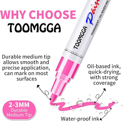 Pink Permanent Paint Pens - 6 Pack Oil Based Paint Markers, Pens For Rock Painting Car Tyre Metal, Plastic, Canvas, Mugs, Wood, Glass, Quick Drying and Waterproof, Medium Point