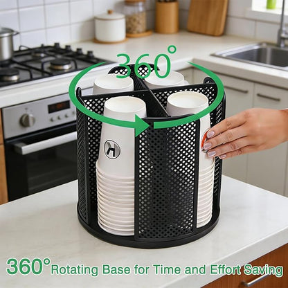 360° Rotating Coffee Cup Dispenser and Lid Holder with 4 Compartments, Organizes 3-16oz Paper Cups - For Coffee Shops, Home Countertops, Office, Restaurant & Kitchen Use