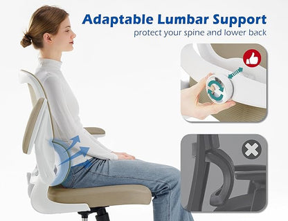 TRALT Ergonomic Office Chair - Desk Chair with Adjustable Lumbar Support Computer Chair - Mesh Comfy Chair with Flip-up Armrests - Gaming Chairs for Adults Home Office (PU Leather, Khaki)