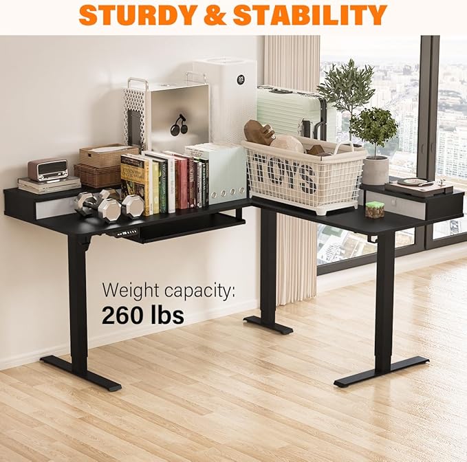 Kingant 63″x55″ L Shaped Electric Standing Desk with A/C Charging Port & Storage, Height Adjustable Corner Computer Gaming Table, Home Office Sit Stand Up Desk & Cable Management, Black