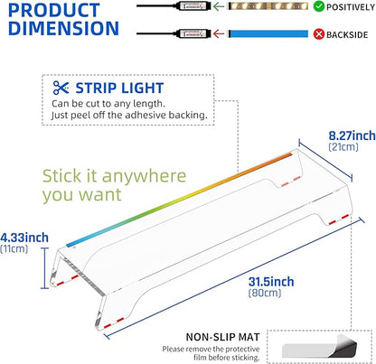 Clear Acrylic Dual Monitor Stand Riser,LED Light 31.5 Inch Computer Monitor Stand for 2 Monitors,Office Desktop Organizer for Laptop,PC,Computer,Printer