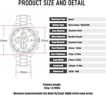 Distinctive Mens Analog Chronograph Watches with Auto Date & Multi Subdials, Fashion Casual Sport Quartz Wrist Watches with Luminous, 3ATM Waterproof, Valentines Day Gifts for Him, Boyfriend, Husband, Dad