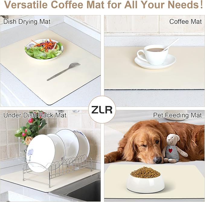ZLR Coffee Mat - 16" x 24" Extra Large Kitchen Hide Stain Absorbent Dish Drying Mat for Countertop - Easy to Clean Coffee Bar Mat for Espresso Machine and Spill Protection - Creamy