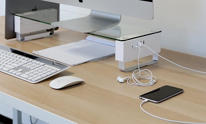 Mount-It! Glass Monitor Stand with 3 USB Ports | Desktop Riser Fits 24, 27, 30, 32 Inch Screens, 66 Lbs Capacity