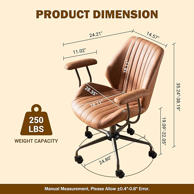 Home Office Desk Chair Adjustable Height, Ergonomic Executive Office Chair with Armrests, Rolling Comfy Desk Chair with Lumbar Support, Mid Century Modern Suede Leather, Brown