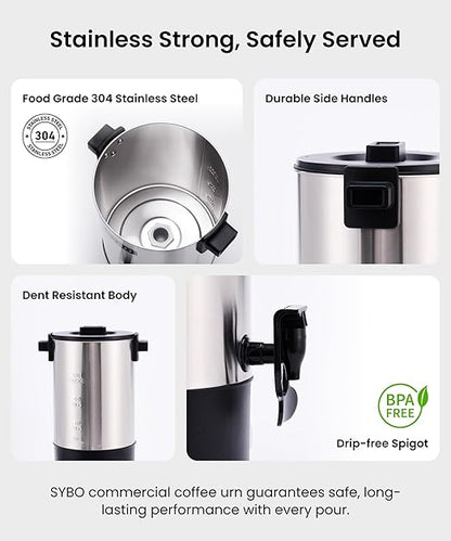 SYBO SR-CP30C Commercial Grade Stainless Steel Percolate Coffee Maker, Hot Water Urn for Catering, Hot Beverage Dispenser, 30-Cup, 3.5L, Metallic